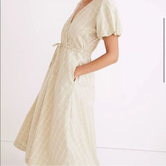 Madewell 100% Cotton Sage Green Plaid Cottage Core Puff Sleeve A-Line Dress XS - Picture 2 of 12